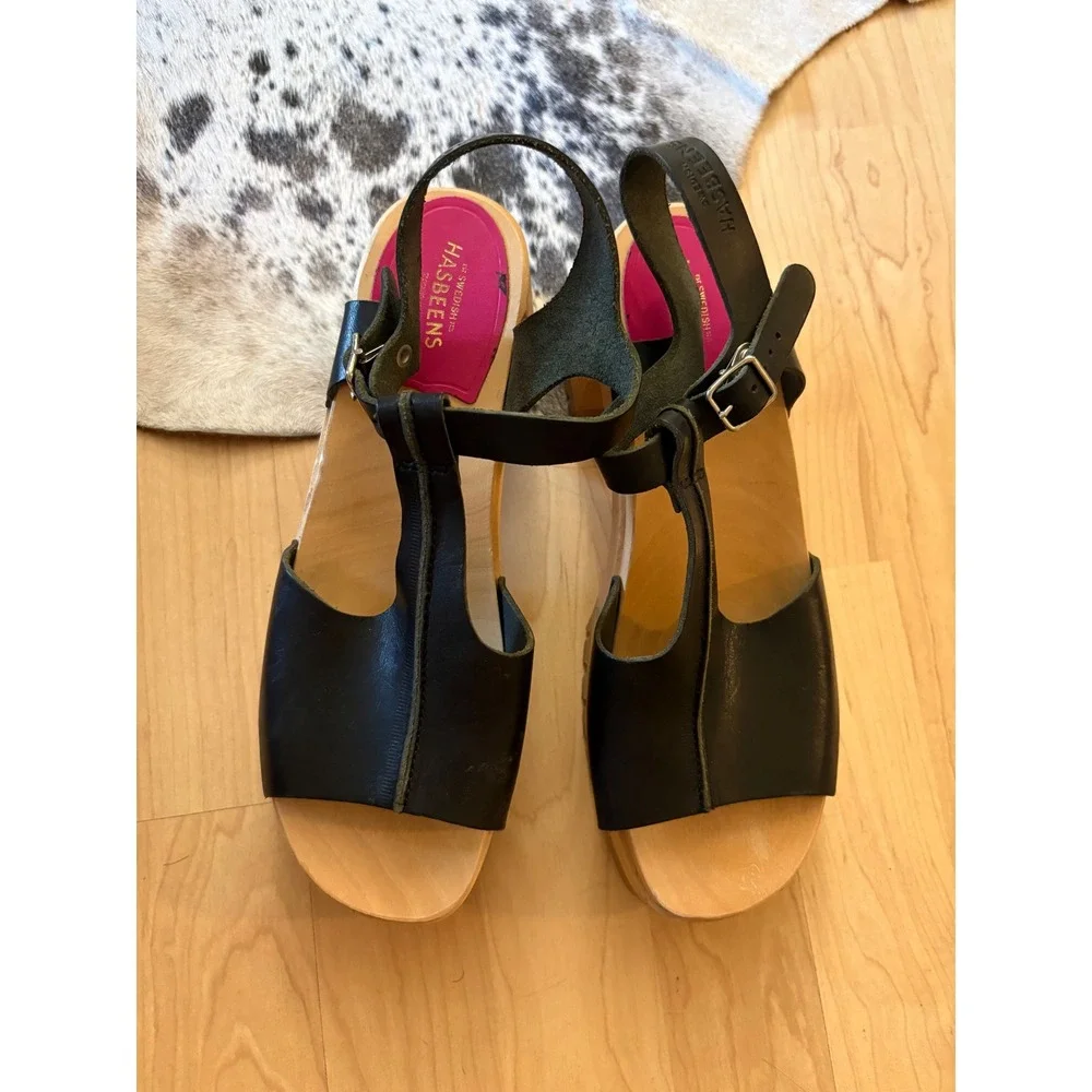 Swedish Hasbeens Stitched Tracta Black Leather Platform‎ Sandals Size 40